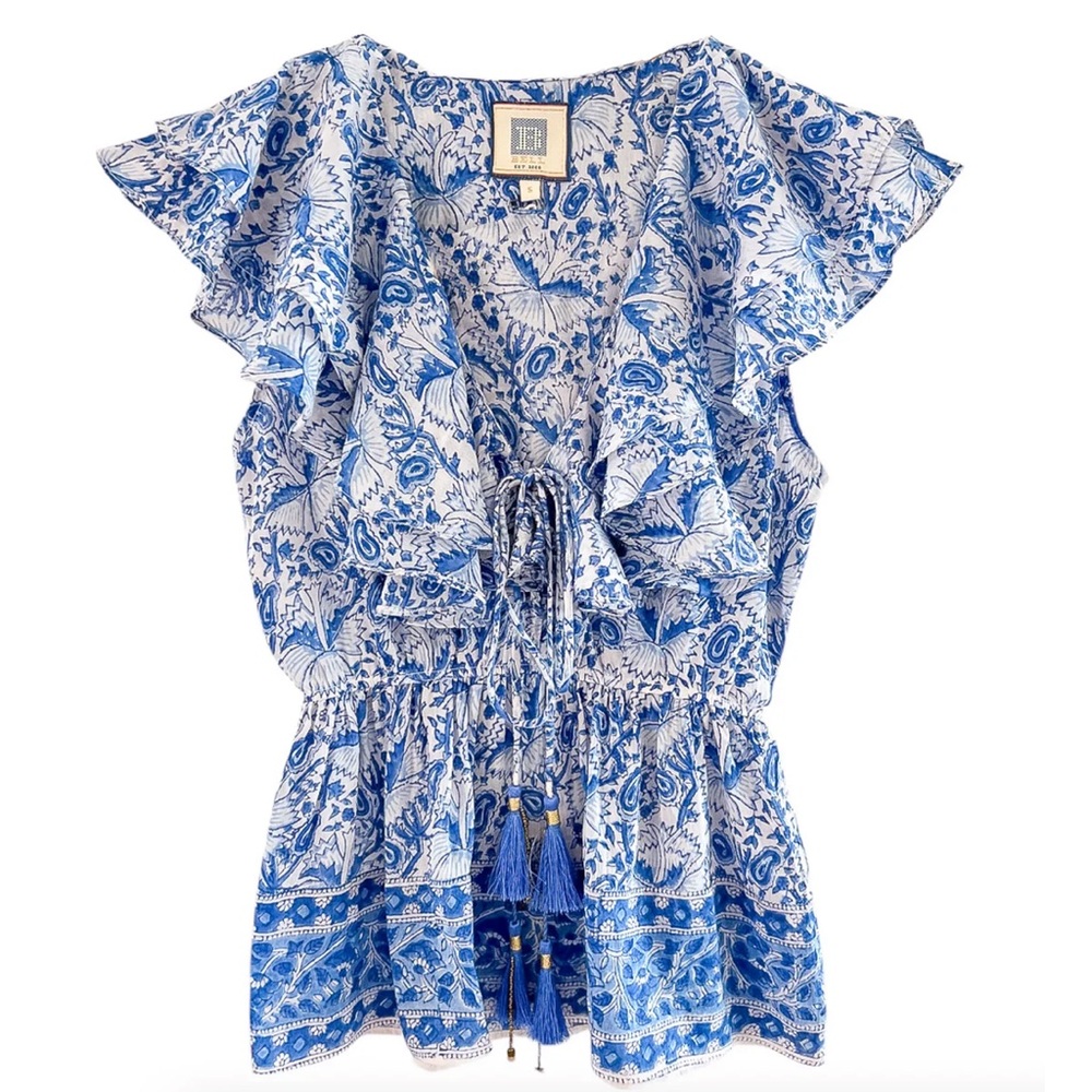 Alicia bell ines Blouse blue Floral Ruffle Top - Picture 2 of 5
